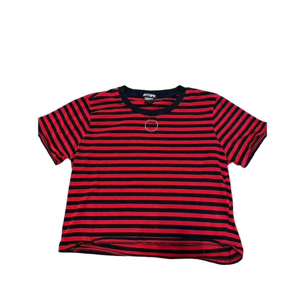 Hot Topic Red & Black Striped O-Ring Crop Top T-Shirt Size Large Mallgoth Grunge
